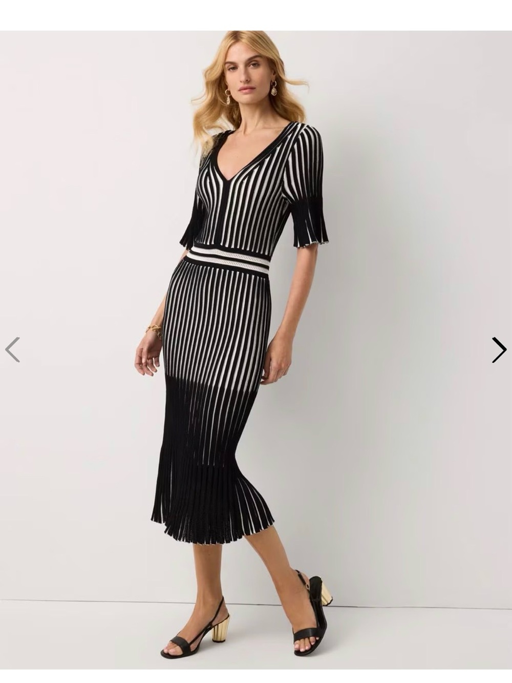 White House Black Market Black and White Striped Fringe Sweater Dress Black &amp